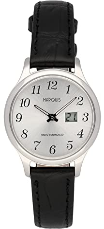 Elegante Damen Funkarmbanduhr (Junghans-Uhrwerk) Edelstahlgehäuse, Schwarzes Lederarmband 964.4006