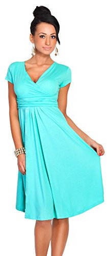 FUTURO FASHION - Robe Cache-Coeur élégante - Femme - Viscose/Coton - Longueur Genoux/col en V/Manches Courtes - 8416 - Bleu Aquatique - 36 (S)