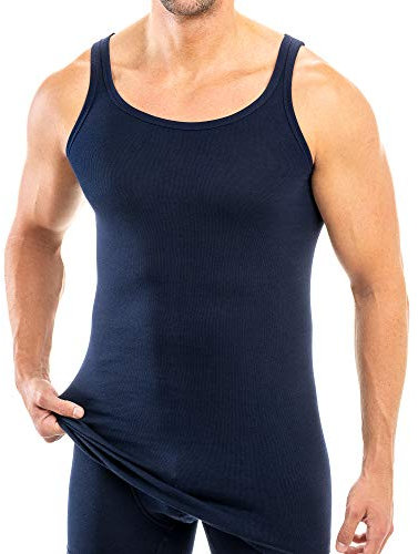 HERMKO 3007 3-Pack Extra-Long (Approx. 10 cm+) Men's Tank top Vest in 100% bio-Cotton, Size:Medium, Colour:Navy