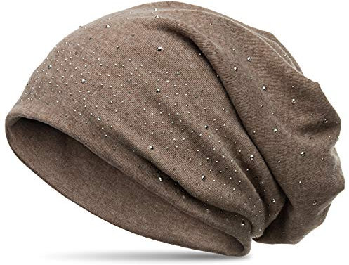 Caspar MU137 Beanie Mütze mit Strass und warmem Flanell Stoff, Größe:One Size, Farbe:braun (meliert)