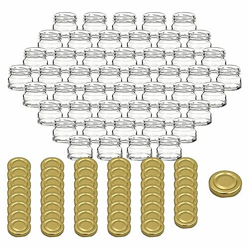 gouveo 48er Set Einmachgläser 30 ml Mini mit Schraubdeckel goldfarben - Mini Vorratsgläser mit Drehverschluss TO43 - Runde Gläschen zum Einwecken, für Marmelade, Gewürze (EGR030G)
