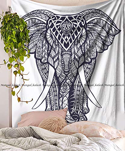 Indischer Wandteppich, Elefant, Mandala, Hippie, indischer traditioneller Überwurf, Strandtuch, Wandkunst, College, Wohnheim, Bohemian, Wandbehang, Boho-Kunst, weiß