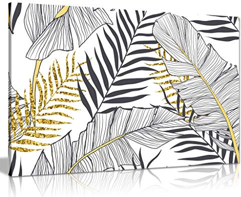 Exotic Tropical Jungle Leaf Black White Gold Canvas Wall Art Picture Print (24x16)