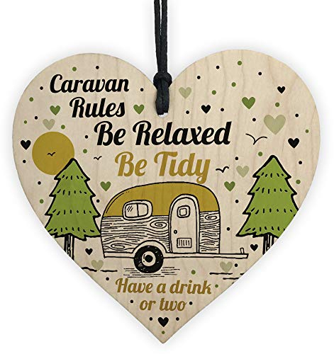 RED OCEAN Caravan Rules Novelty Hanging Handmade Wooden Heart Plaque Caravan Accessories Retirement Gifts