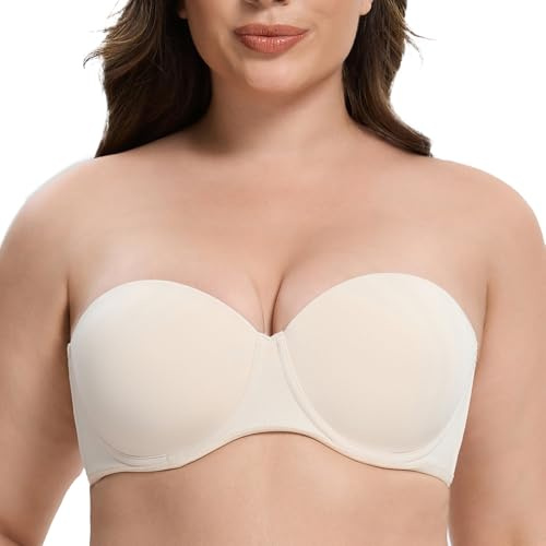 MELENECA Women's Underwire Strapless Bras for Bigger Bust Back Smoothing Plus Size Beige 42DD