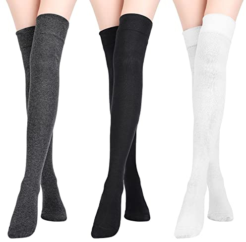 SATINIOR Calze Extra Lunghe Coscia Alta di Cotone per Stivali, Ragazze e Donne (Nero, Grigio Scuro, Bianco, 3)