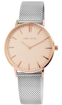 Just Watch Damen Uhr Lederarmband Schwarz 20cm lang Japanisches Quarzwerk Armbanduhr Geschenkidee zum Geburtstag für Frauen (Silber/Roségold Edelstahl)