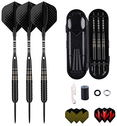 Steeltip Dartpfeile Set für Dartscheibe, Profi Dartpfeile mit Metallspitze 23 Gramm, Messingschaft + Schwarz Aluminium Nylon Schäfte 9 Flights 50 Gummi O-Ringe 12 Federringe 1 Dartschärfer Werkzeug
