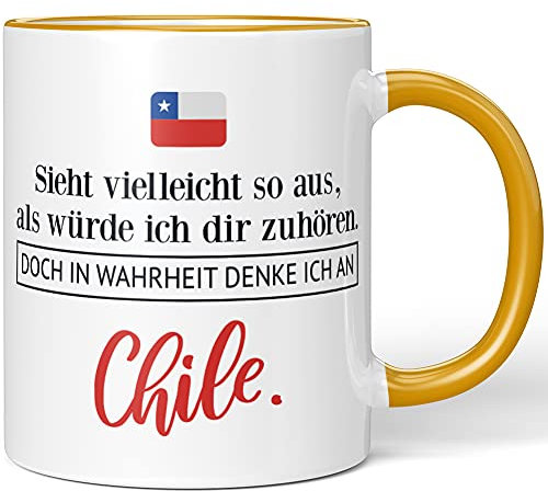 JUNIWORDS Tasse, Sieht vielleicht so aus, als würde ich dir zuhören. Doch in Wahrheit denke ich an Chile (1001378), Wähle Farbe, Dunkelgelb