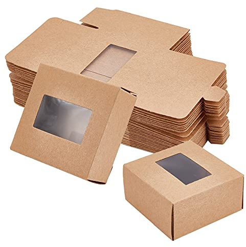 NBEADS 30 Stück 8x8x4cm Geschenkboxen Mit Fenster, Wiederverwendbar Quadratische Geschenkboxen Aus Pappe Karton Display Back schachtel Für Geschenk Schmuckverpackung, Kamel