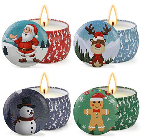 Duftkerzen Weihnachten Geschenkset,Tragbares Blech Geschenkset im 4er-Pack,120 Brennstunden, Natürliches Sojawachs mit ätherischen Ölen Kerzen, Geschenk für Frauen