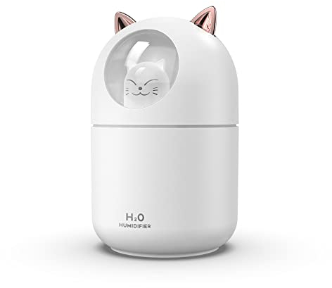300 ml Mini-Ultraschall-Luftbefeuchter, Nachtlichtfunktion, stumm, geeignet für Wohnzimmer, Schlafzimmer, Büro, Auto, Pflanze, kreatives Geschenk für Kinder, Freunde und Liebhaber (weiß)