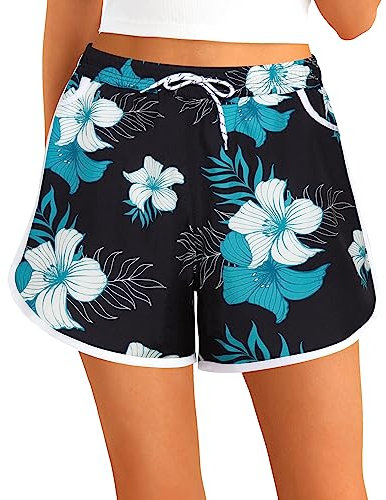 APTRO Short de Bain Femme Cordon de Serrage Réglable Séchage Rapide Convient pour la Natation, la Plage, Le Yoga Protection UV Multi-Taille Polyvalent Noir et Bleu WK053 XL