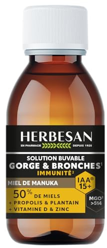 Gorge & Bronches - Miel de Manuka IAA15+(MGO514+)- Solution buvable | Flacon 100ml- Irritation de la gorge, Immunité - Miel, Propolis, Plantain, Vitamine D, Zinc -Fabriqué en France - Herbesasn