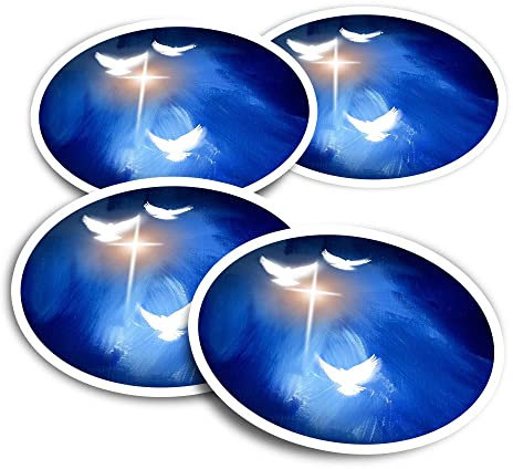 Vinyl Round Stickers (Set of 4) 10cm - Christian Cross White Doves for Laptops, Tablets, Luggage, Scrap Booking, Fridges #50518