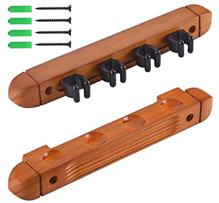 JISADER Porte-Queue de Billard, Support de Queue de Billard en Bois, Repose-Queue de Billard Mural, Etagère de Rangement pour Queue de Billard avec 4 Clips, Jaune