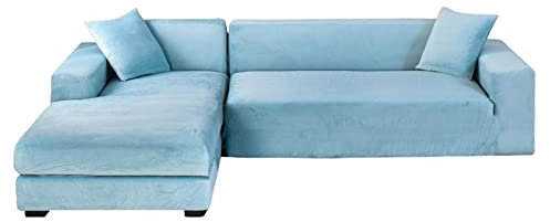 GUYIRT Samt Sofabezug L Form, 2-teiliger Stretch L Form Sofa überzug rutschfest Couchbezug L Form Weicher Möbelschutz Für Ecksofa -hellblau-4+4 Sitzer