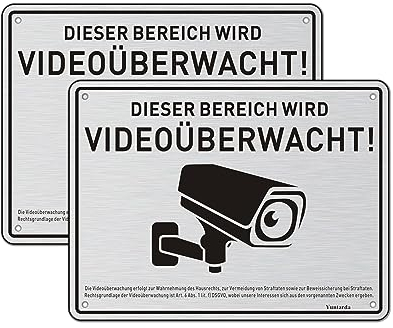 2 Stück Videoüberwachung Schild Privatgrundstück mit DSGVO Hinweis 15x20cm Gebürstet Aluminium Schilder Kameraüberwachung mit Selbstklebend und 4 Bohrlöcher Kamera Überwachung Schild Warnschild