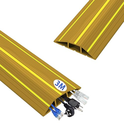 Floor Cable Protector 3M Heavy Duty Cable Cover 3 Cord Channels Floor Cord Covers Protect Cables & Prevent Trip Hazards for Home, Warehouse, Outdoor, Office, Workshop, Garage (3M, Brown)