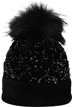 Dinnesis Damen Outdoor warme Strickmütze gefärbt Ball Pailletten Mütze Gehörschutz Mütze im Winter Lammfell Mütze Damen (BK2, One Size)