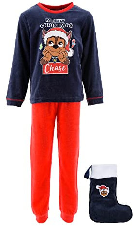PAW PATROL Pyjama für Jungen, T-Shirt und Lange Hose, 2-Teiliges Set Blauer Fleece Pyjama Chase Design, Inklusive Weihnachtsstrumpf, Kinder Geschenk | 3 Jahre, Blau