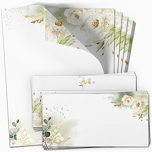 10 Briefpapier mit Briefumschlag SET | Romantisch Brief weisse Rosen | Papier und Umschlag mit Design-Motiv bedruckt | 90 g/m²