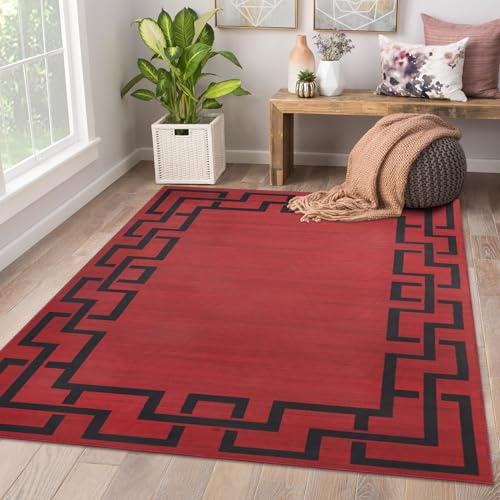 AMEHA Rugs Living Room Large 200x290 cm - Red & Black Bedroom Rug (Lexi) | Easy to Clean Non Slip Modern Carpet Non Shedding Greek Key Style Durable Soft Low Pile Large Bedside Rug for Kids Room