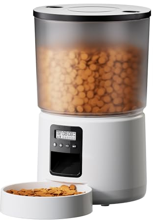 BEMOONY Automatic Cat & Dog Feeder, 5L Food Dispenser with 1-6 Meals, Customized Schedule, Dual Power, Double Lock, 10s Voice Reminder, White