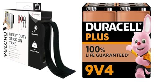 VELCRO Brand Heavy Duty Stick On Tape Cut-to-Length Industrial Extra Strong Double Sided Hook & Duracell Plus 9V Batteries (4 Pack) - Alkaline - 100% Life Guarenteed - Reliability For Everyday Devices