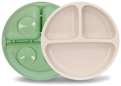 MOJINL Kinderteller mit Saugnapf Rutschfest Silikon Baby Teller BPA Frei Babyteller Kinder Tischset Babygeschirr Spülmaschinenfest für Kleinkinder 2 Stück (Laubgrün Beige)