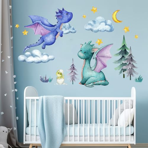 Amimagen Wandtattoos Baby Drachen Wandaufkleber - Stern Mond Dracheneier Wandabziehbilder - Baby Schlafzimmer Jungen Kinderzimmer Kinderzimmer Kindertagesstätte Wanddeko
