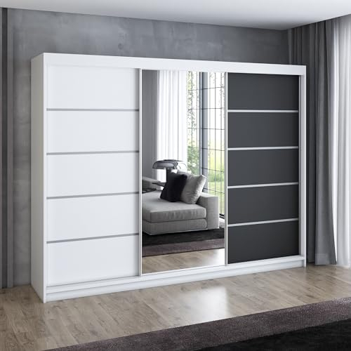 A&J MöbelLand Schwebetürenschrank VILANO 1, 3-türig Schrank 200 cm Kleiderschrank mit 4 Schubladen, und Spiegel (Weiß, Schwarz, Somona) (Weiß/weiß/schwarz)