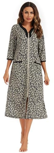 Alunsito Hauskleid mit Reißverschluss vorne für Damen, Bademantel mit Reißverschluss vorne, Kurze Ärmel, Bademantel mit Reißverschluss, kurzes Nachthemd mit Taschen, Leopard2, Medium
