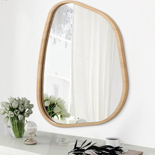 Unregelmäßiger Badezimmerspiegel, moderner Wandspiegel, asymmetrischer Wandspiegel mit Holzrahmen, einzigartige Form, Wandmontage, Schminktisch, künstlerischer Spiegel, Dekoration für Wohnzimmer,