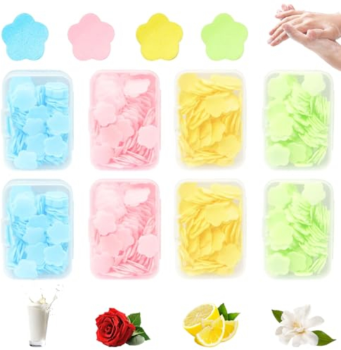 Wekuw Seife Papier Seifenblätter, 8 Boxen Kartons Mini Seife Papier Papierseife Blütenblätter Einweg Papier Seife Paper Soap Sterilisierbar mit Kun Ststoffbox, für Outdoor, Camping, Reisen (4 Farben)