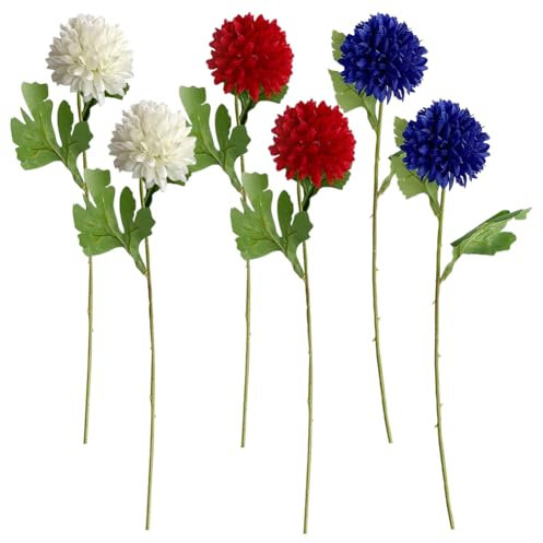 JIHUOO Künstliche Chrysanthemen für den Außenbereich, große künstliche Chrysanthemen, Kugelblumen, 4. Juli, rote, weiße und blaue Blumen, Unabhängigkeitstag-Dekorationen, 6 Stück