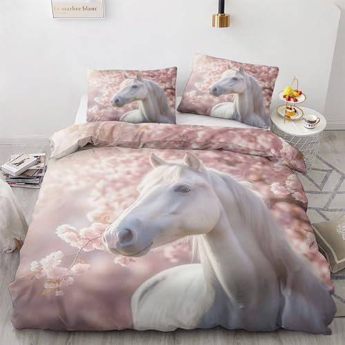 Generisch Pferd Deko - Sommer Bettwäsche 135x200 Pferde, Mädchen Bettbezug 135 x 200 2er Set mit Kissenbezug 80x80, Weiche Mikrofaser Sommerbettwäsche mit Reißverschluss