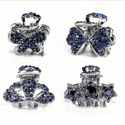 4pcs Mini Metal Hair Claw Clips Blue Rhinestone Hair Claw Clamps Small Vintage Non Slip Hair Grips Hair Accessories for Women Girls