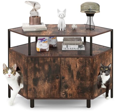 GYMAX Maison pour Chat et Meuble de Rangement d'angle 2-en-1, Maison de Toilette, Cache-Bac à Litière à Double Porte, avec Étagère Ouverte, 2 Entrées, pour Animaux de Compagnie (Marron)