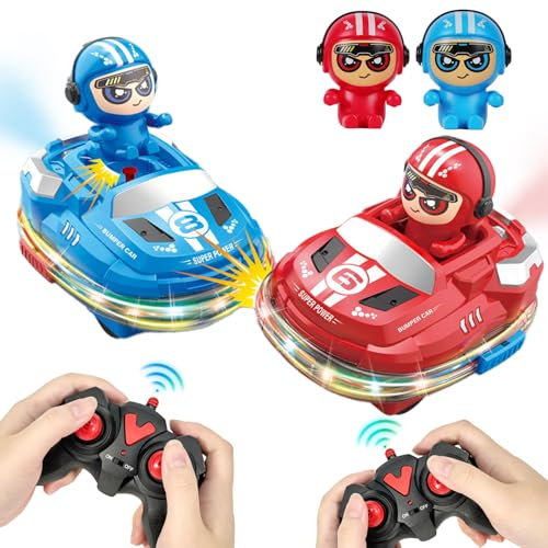 Fullware Mini RC Bumper Cars Autoscooter Ferngesteuertes Auto ab 3 4 5 6 7 8 Jahre RC Auto mit Katapult Fahrer, Sound, Musik und Spray, Double Spiel, Kinder Familien Partyspiele, Geschenke für Jungen