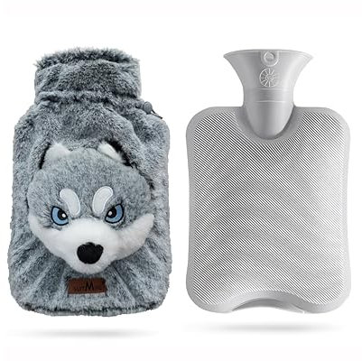 suitmine Hot Water Bottle PVC 2L Leak-Proof with Removable Plush Cute Husky Cover for Pain Relief Hot and Cold Therapy,Hands Feet Abdomen and Neck Warmer,Cord Lock,Grey