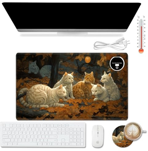 ACWDMKH Warm Desk Pad,Heated Desk Pad,Office Mat,3 Heating Levels & 3 Hours Auto Shut-Off,31.5*13 Laptop Keyboard Mat,Maple Leaves Cat