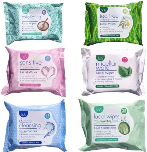6 Spa Facial Wipes Selection, 25 Wipes Each: Exfoliating, Tea Tree and Peppermint, Sensitive Fragrance-Free, Micellar Water, Deep Cleansing, Cucumber and Pro Vitamin B5