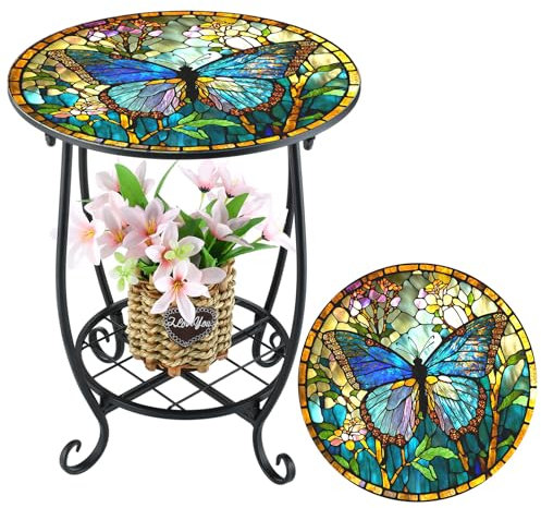 Cinnvoice Beistelltisch für den Außenbereich, rund, klein, Mosaik, Terrasse, Akzent, Pflanze, Metall, Hof, Veranda, Garten, Wohnzimmer, Schlafzimmer, Schmetterling-Stil