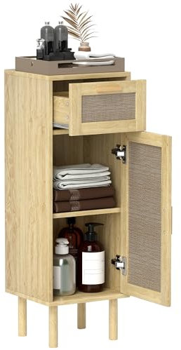 HOMCOM Meuble Salle de Bain Rangement, Meuble de Rangement Style bohème avec tiroir et Placard, étagères réglables, Porte à rotin, Armoire pour Salle de Bain, Salon, Cuisine - 32 x 30 x 92 cm, chêne
