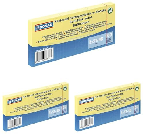 DONAU 7585001-11 Eco Würfel Haftnotizen Gelb Selbstklebende Sticky Notes 38x51mm, 1x100 Blatt für Büro Schule (Packung mit 3)