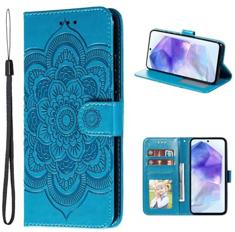 Shesyuki Leder Handytasche kompatibel für Samsung Galaxy A55 5G, PU Leder Flip Wallet Case mit Card Slot Stand Funktion Handgelenkriemen für Galaxy A55 - Blau