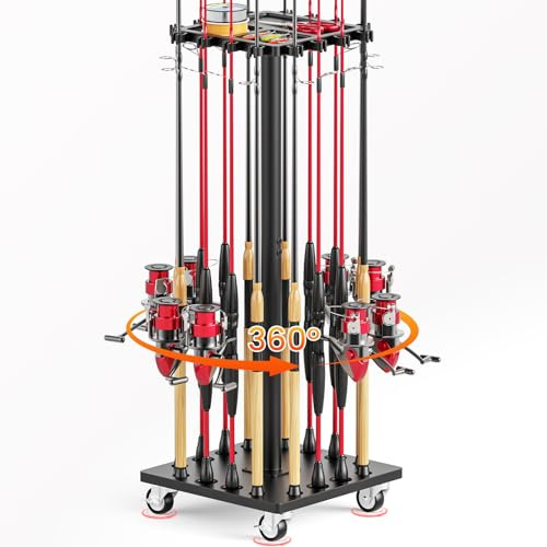 OFIDELITY Fishing Rod Rack for 16 Poles - 360° Rotating Base with Casters, Durable Wooden Pole Holder Stand for Garage Storage, Organiser for Fishing Rods & Equipment, Fishing Gifts for Men (Black)