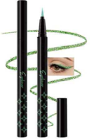 Grün Liquid Glitter Eyeliner, Metallic Finish Eyeliner Stift Wasserfest, Langlebig Wasserdicht, Smooth Flüssig Bunt Eye Pencil, Highly Pigmented Shimmer Lidschatten Liner Makeup für Cosplay Party-06