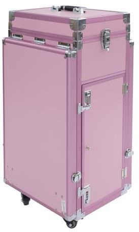 Portable Nail Table Makeup Case Cosmetic Storage Beauty Cart with Four Universal Wheels Brakes Large Capacity for Professional Makeup Artists Adjustable Height (Pink)